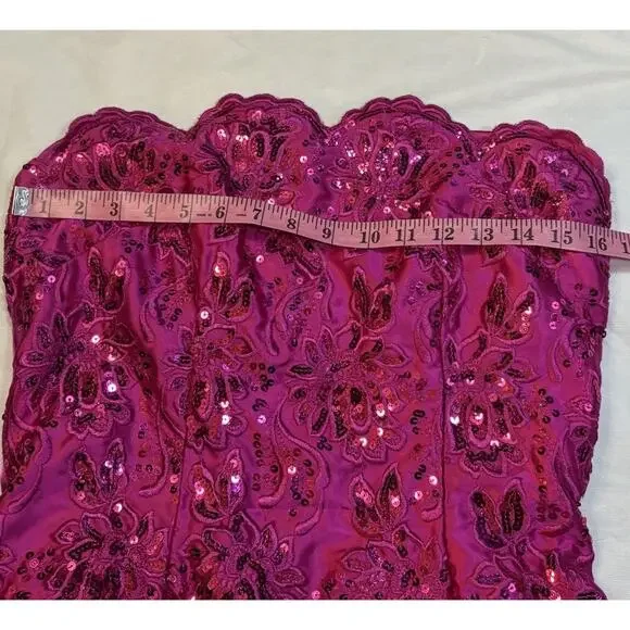 VTG 90s Hot Pink Sequined Embroidered Satin Bubble Hem Mini Party Dress 13/14 - Picture 3 of 7